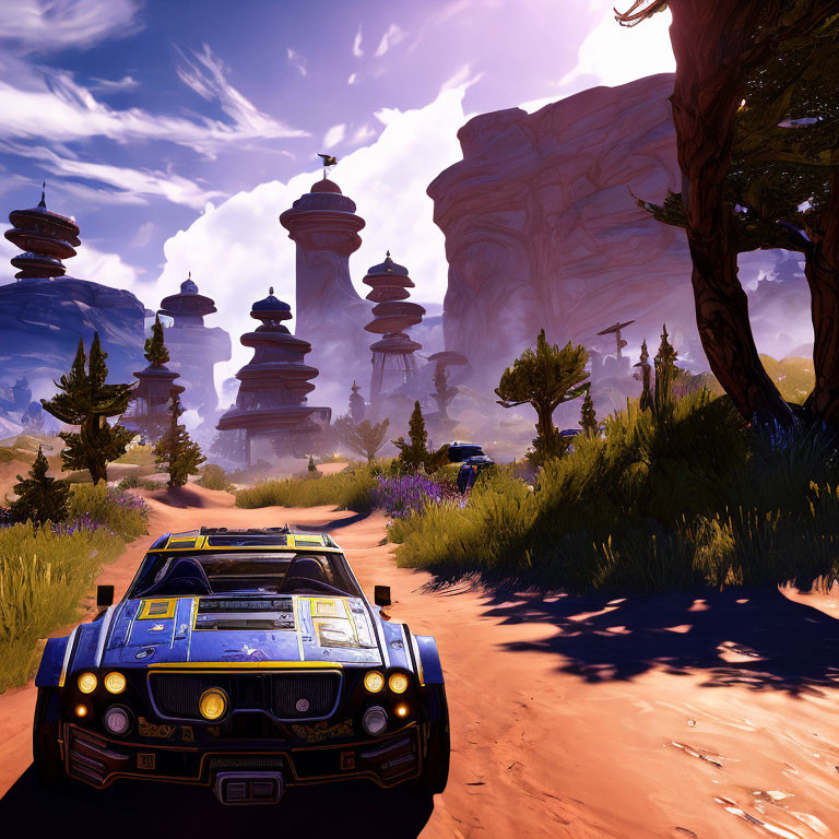 Blue Car Parked in Fantastical Desert Landscape with Rock Formations and Floating Islands