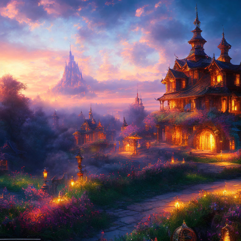 Illuminated fantasy landscape with ornate buildings, blooming gardens, misty ambiance, and distant