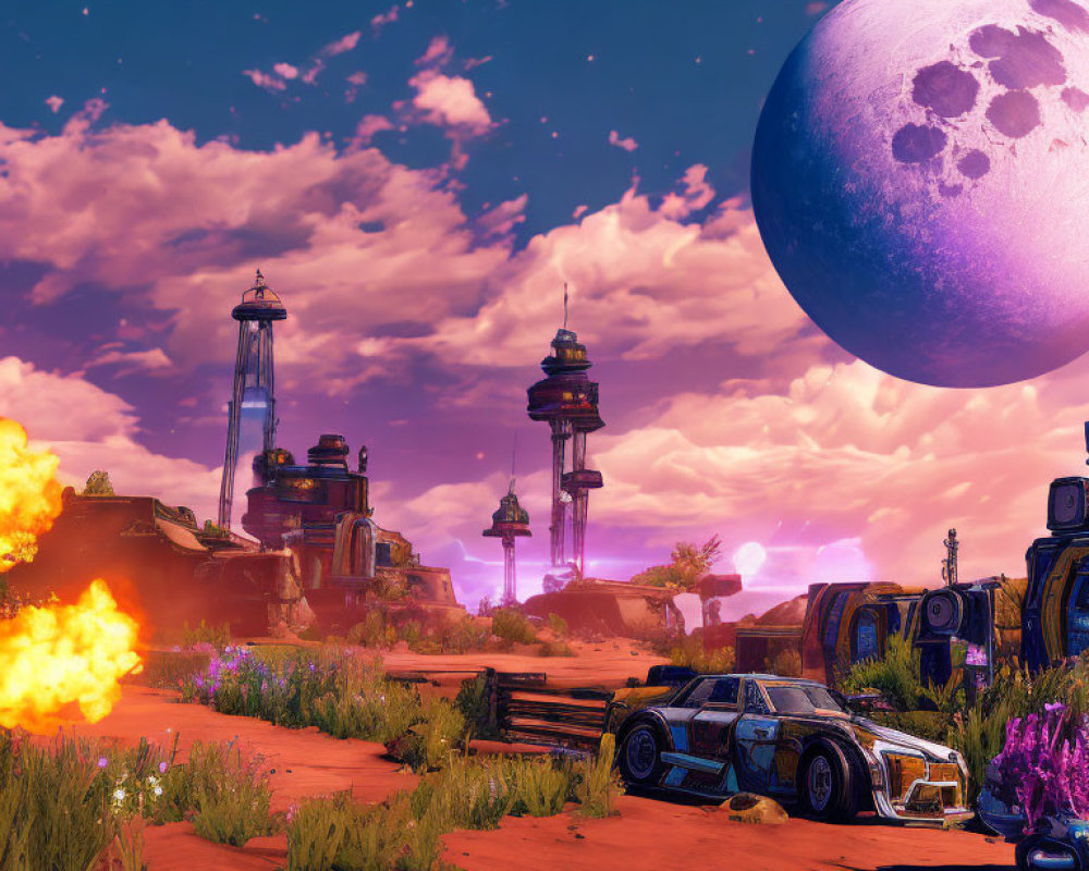 Futuristic sci-fi landscape with large moon, explosion, vehicle, and purple flora