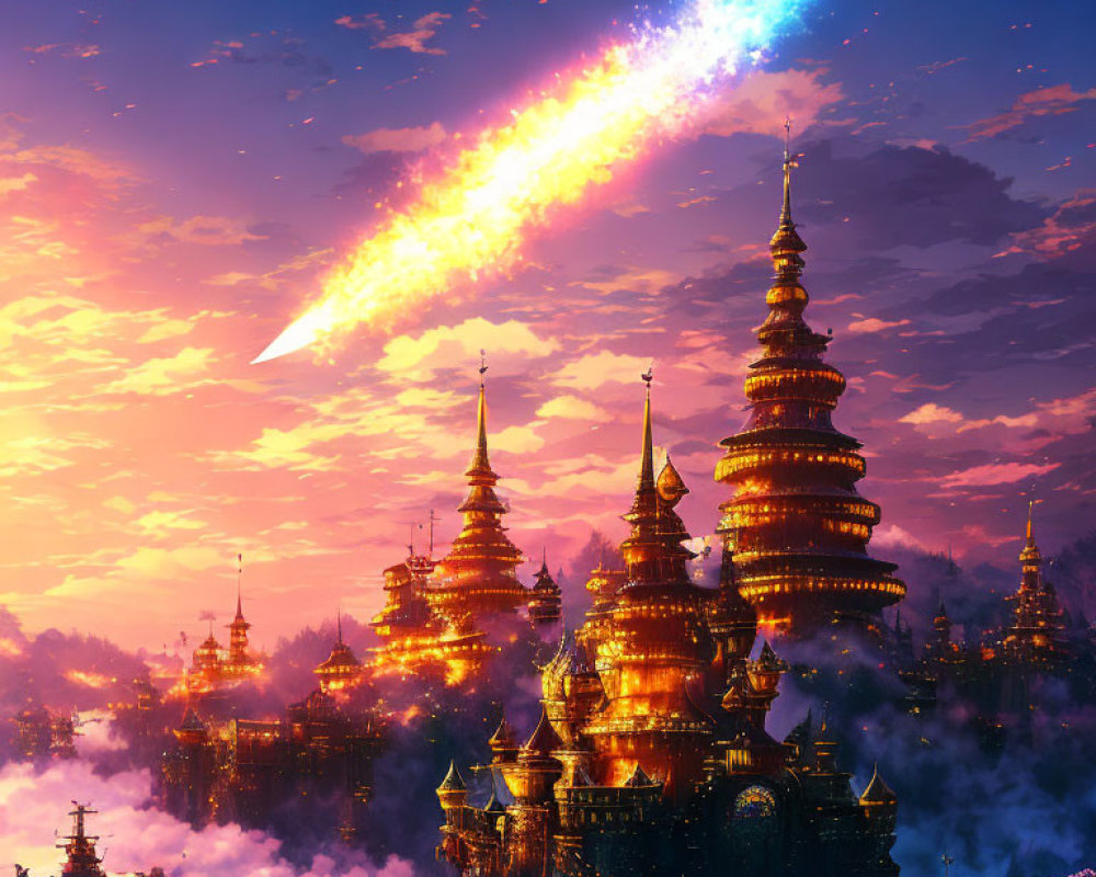 Fantastical sunset cityscape with golden towers and comet in twilight sky