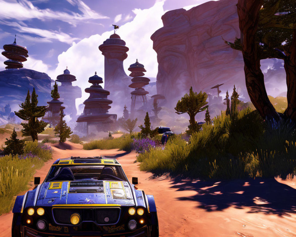 Blue Car Parked in Fantastical Desert Landscape with Rock Formations and Floating Islands