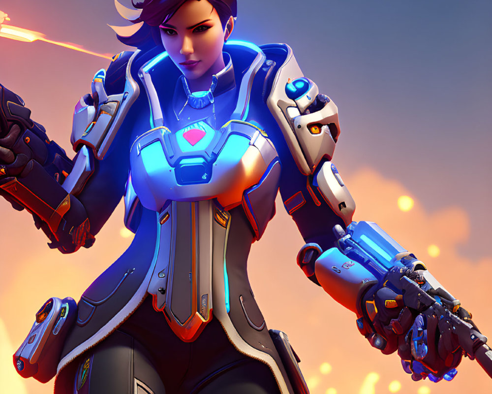 Futuristic 3D Animated Female Character in Blue and White Armor with Energy Pistols