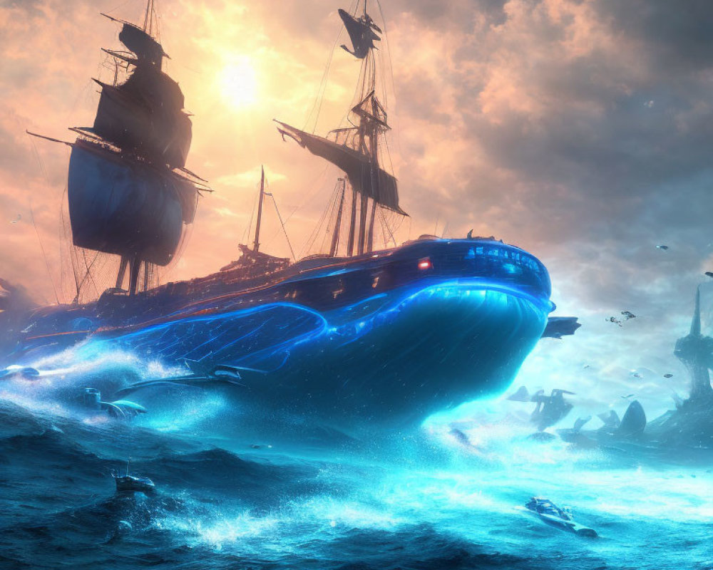 Fantastical scene: sailing ship above futuristic vessel on tumultuous sea