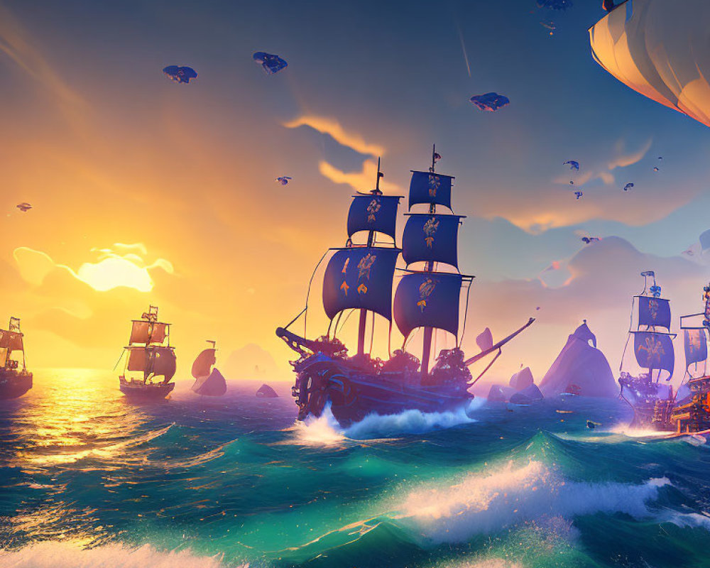 Pirate ships with black sails on vibrant ocean at sunset