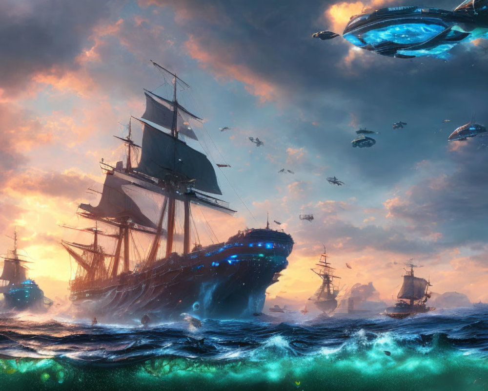 Sailing ships and futuristic flying vehicles under dramatic sunset sky