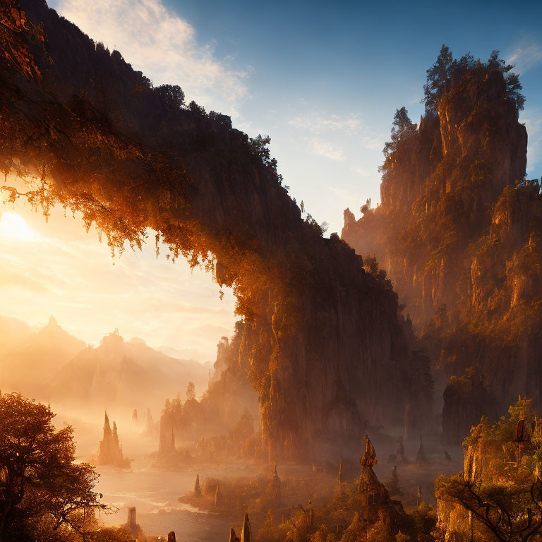 Sunlit misty landscape with towering cliffs and lush vegetation.