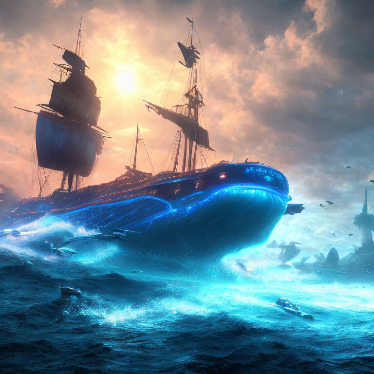 Fantastical scene: sailing ship above futuristic vessel on tumultuous sea