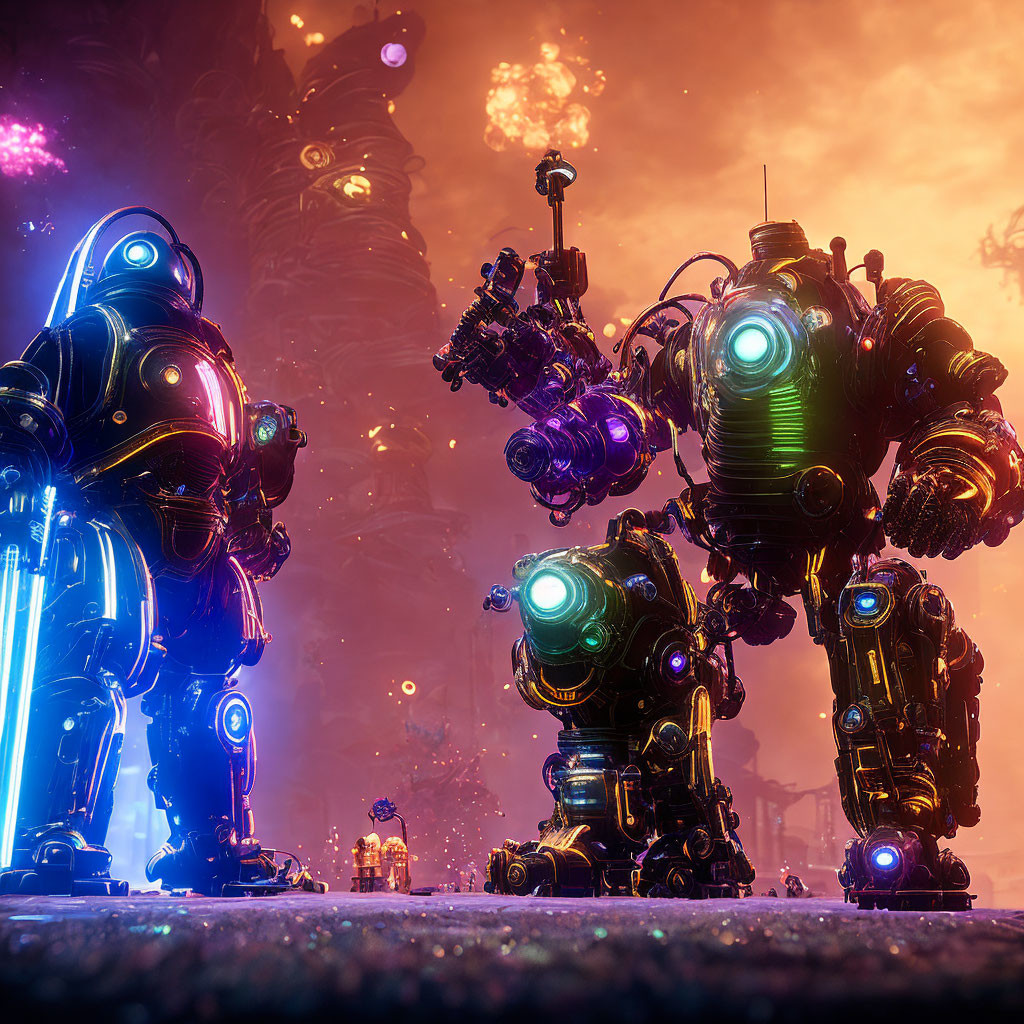 Three futuristic robots in glowing cityscape.