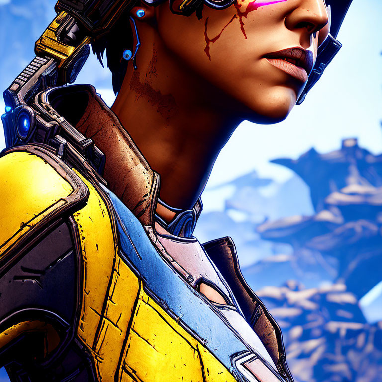 Stylized animated female character with cybernetic elements in yellow armor and blood splatters