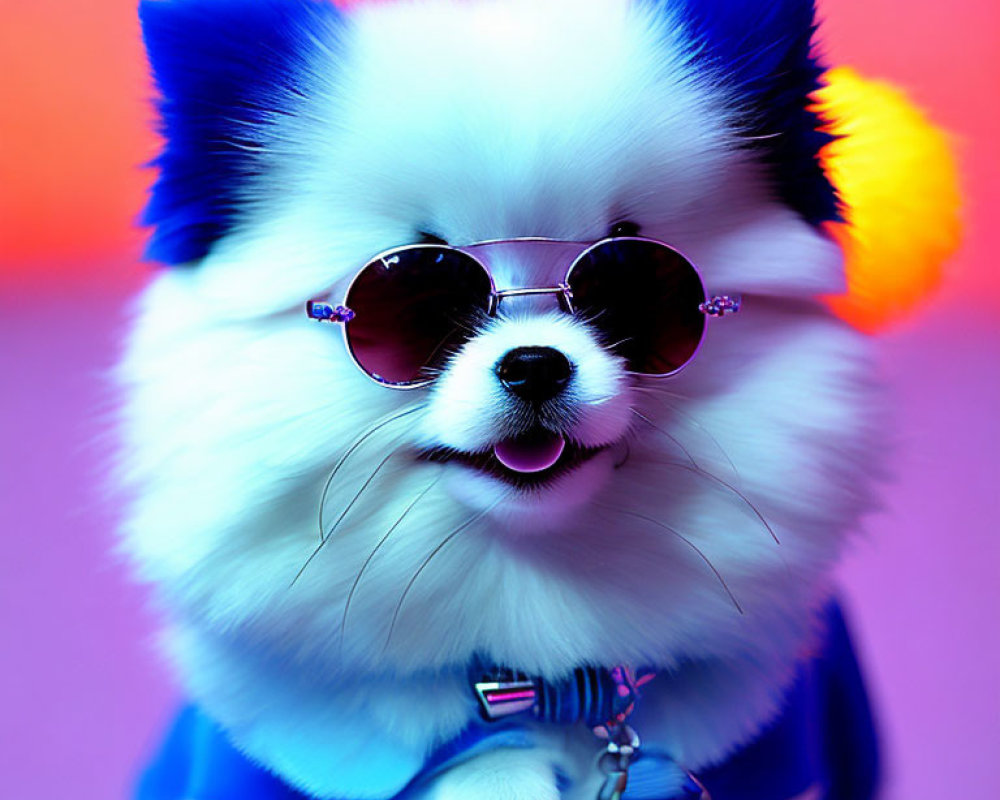 Stylish Pomeranian Dog in Sunglasses and Blue Outfit on Pink & Blue Gradient Background