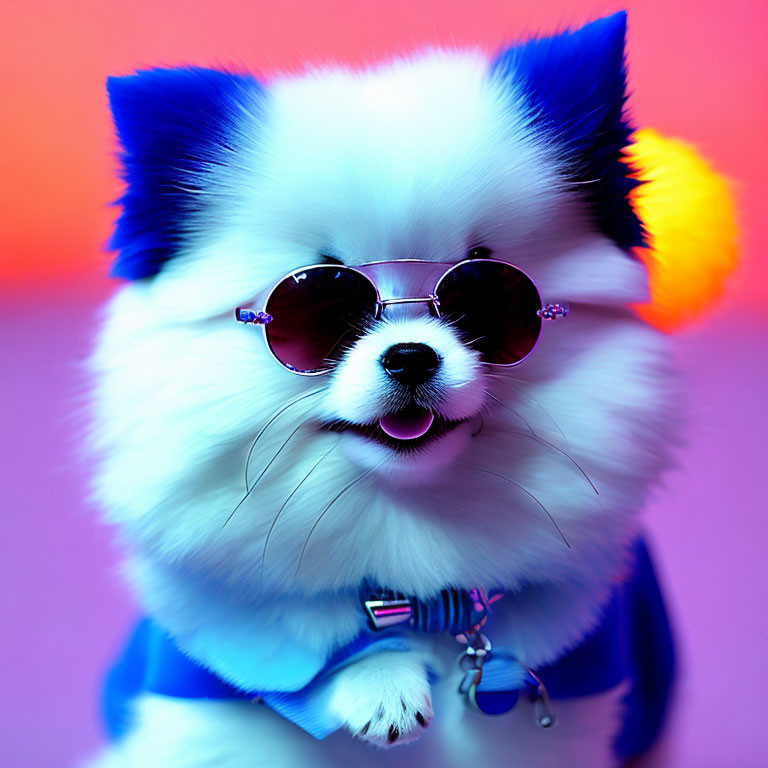 Stylish Pomeranian Dog in Sunglasses and Blue Outfit on Pink & Blue Gradient Background