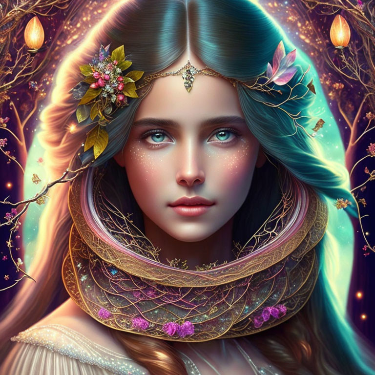 Ethereal woman with turquoise hair and flowers in mystical setting