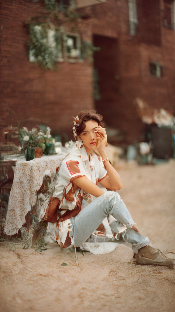 Woman in denim and flower crown against rustic backdrop