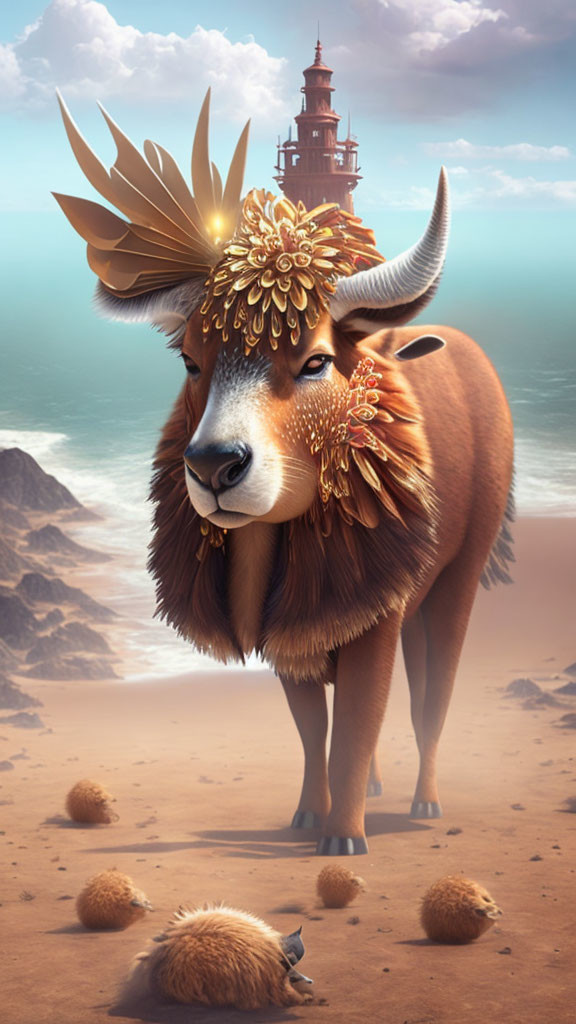 Majestic yak-like creature with golden headgear on sandy shore with whimsical castle and hazy