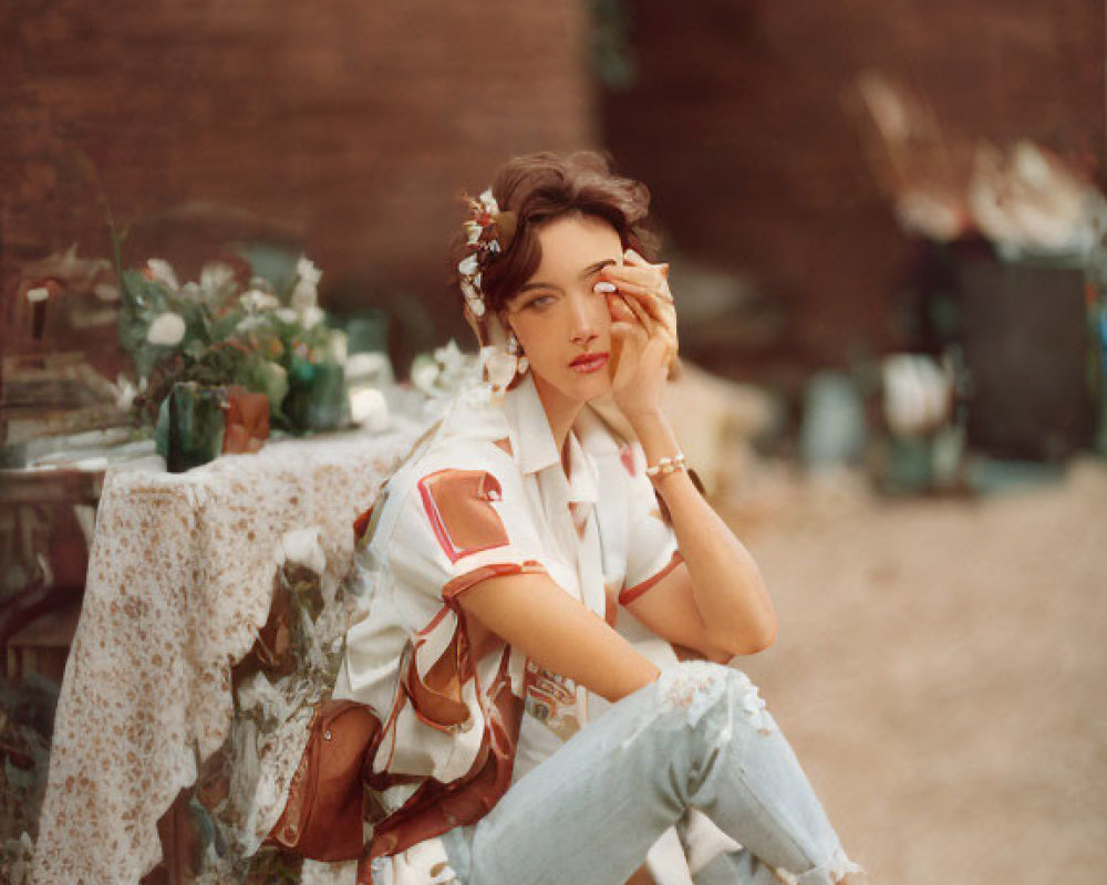 Woman in denim and flower crown against rustic backdrop