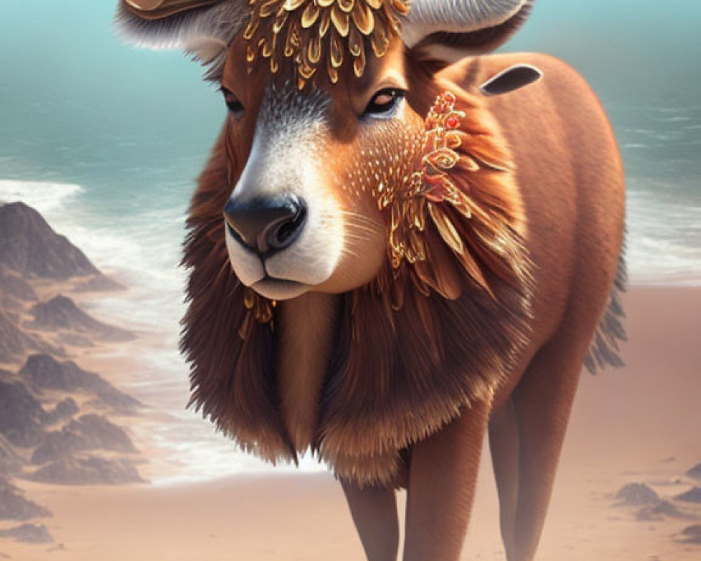 Majestic yak-like creature with golden headgear on sandy shore with whimsical castle and hazy