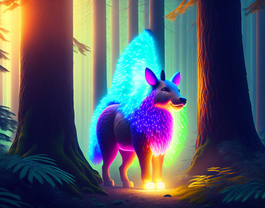 Neon-colored mythical fox creature in mystical forest