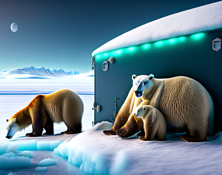 Three bears near snowy cabin: standing, sitting, cub under moonlit sky