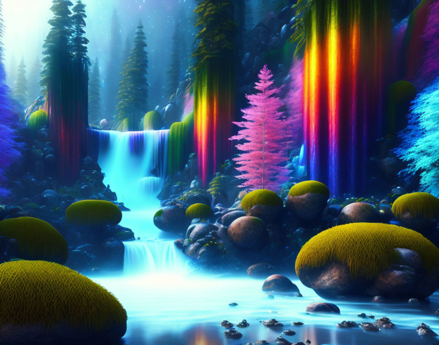 Surreal landscape with illuminated trees and waterfall