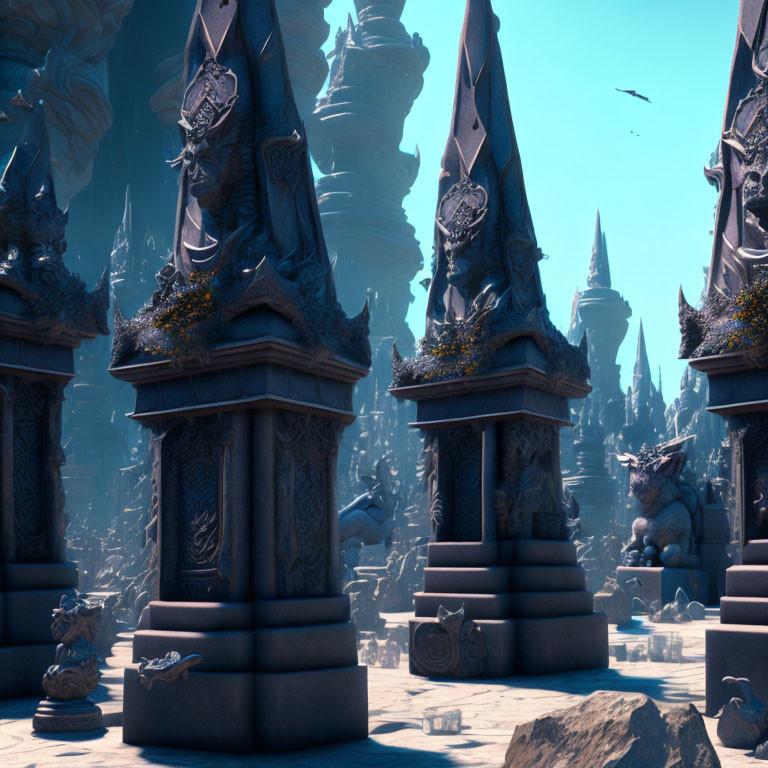 Intricate stone pillars and statues in mystical landscape