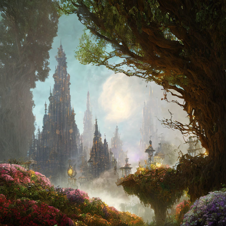 Enchanted forest scene with vibrant flowers and ancient trees