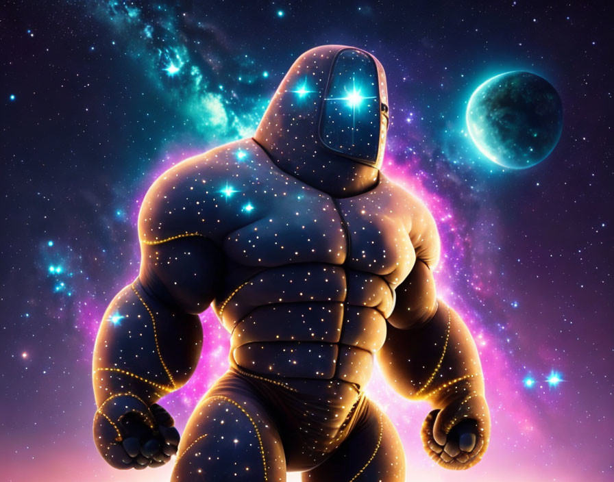 Cosmic figure with star-filled body in vibrant space scene