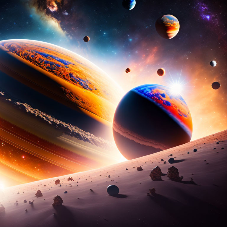 Colorful space scene with planets, sun, and asteroids on alien landscape