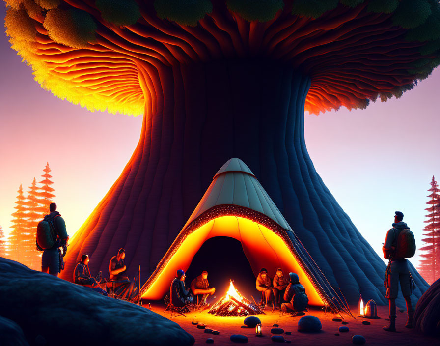 Group camping under giant glowing tree in forest twilight