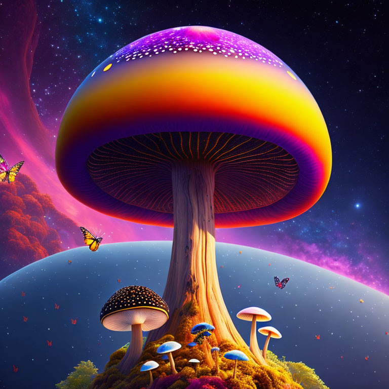 Fantasy landscape with vibrant oversized mushroom and colorful nebulae