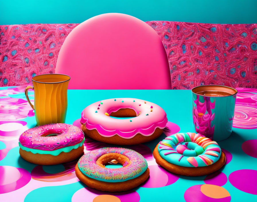 Vibrant digital artwork: stylized donuts, pink sphere, eclectic cups on psychedelic background