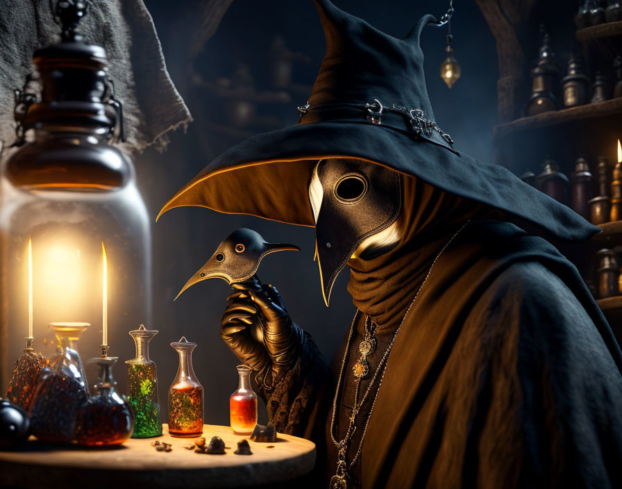 Plague doctor in beaked mask surrounded by glowing potion bottles