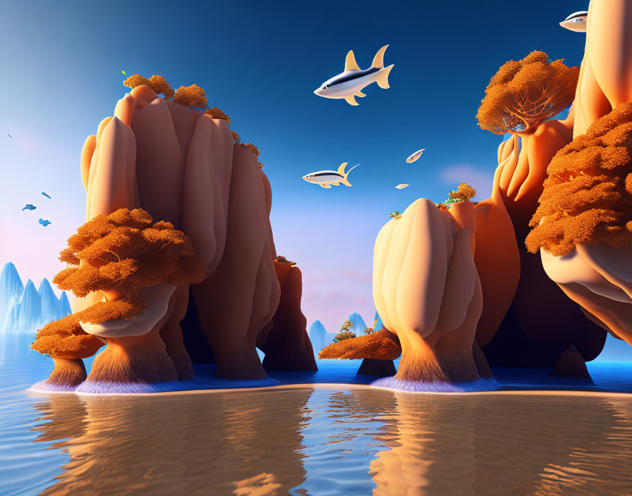 Surreal landscape: finger-like rocks, orange foliage, flying fish, reflective water, blue sky