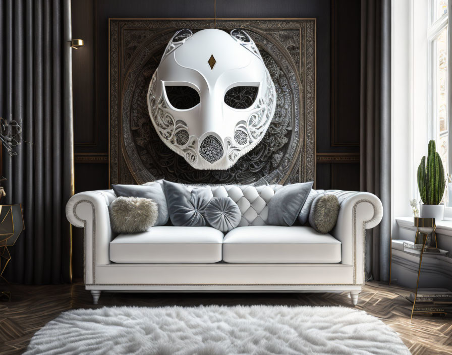 Spacious living room with decorative mask, white sofa, ornate wall design