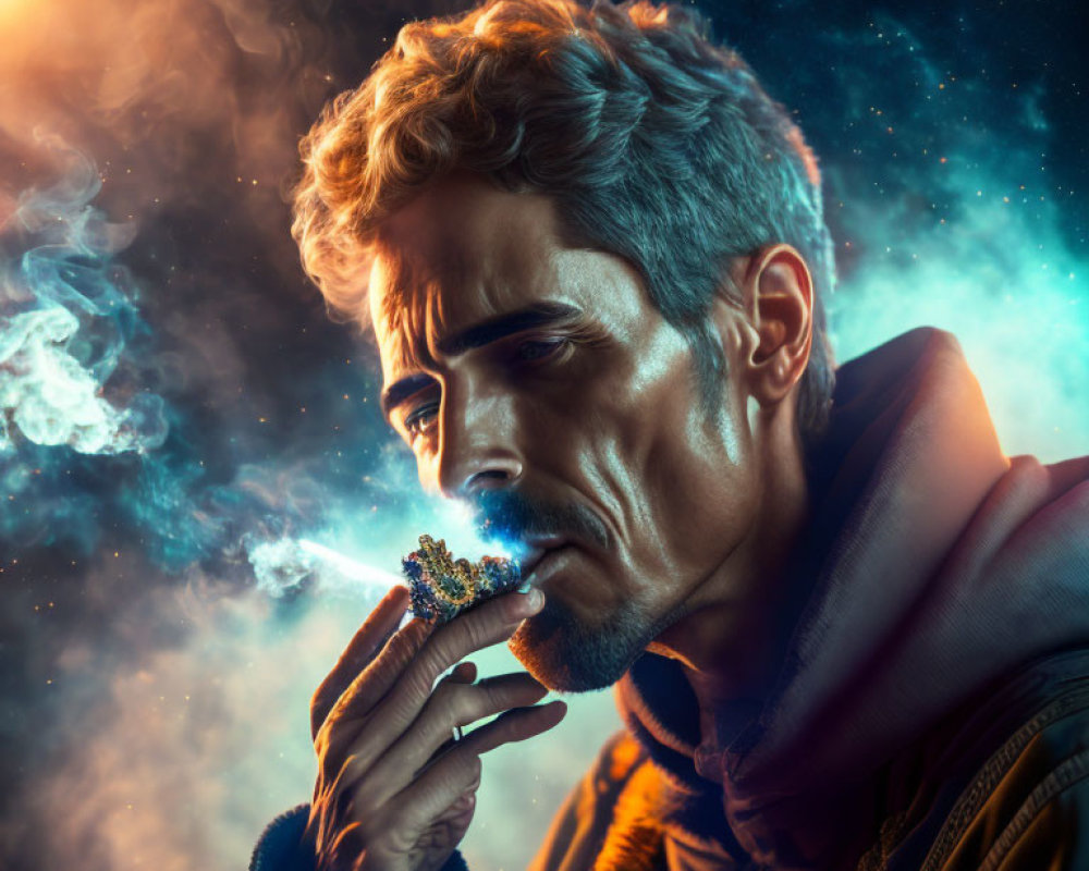 Contemplative man exhales smoke in moody, colorful lighting