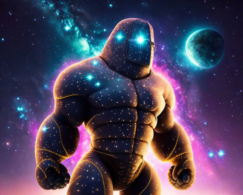 Cosmic figure with star-filled body in vibrant space scene