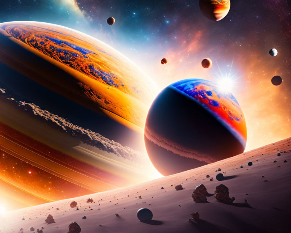 Colorful space scene with planets, sun, and asteroids on alien landscape