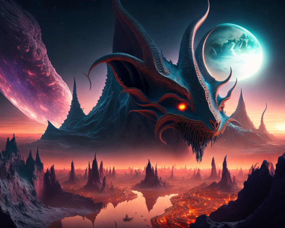 Alien landscape with spiky structures, dragon-like creature, and dual moons