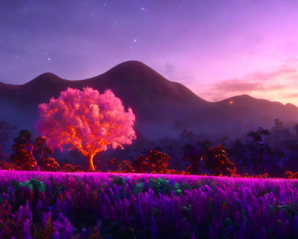 Pink illuminated tree in mystical purple landscape with starry sky.