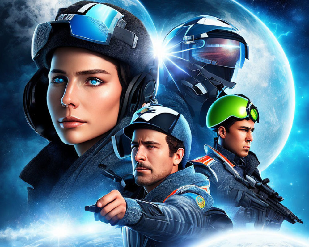 Three Space Officers in Futuristic Helmets Against Celestial Backdrop