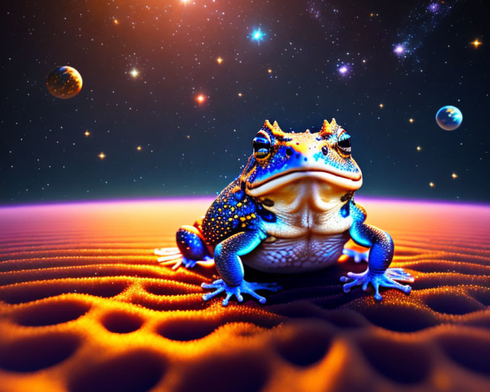 Colorful Textured Frog on Rippled Surface in Vivid Cosmic Background