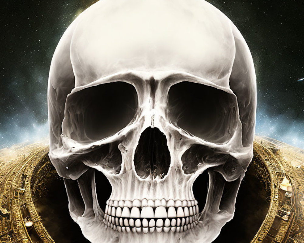 Digitally enhanced human skull on cosmic background with nebulous clouds.