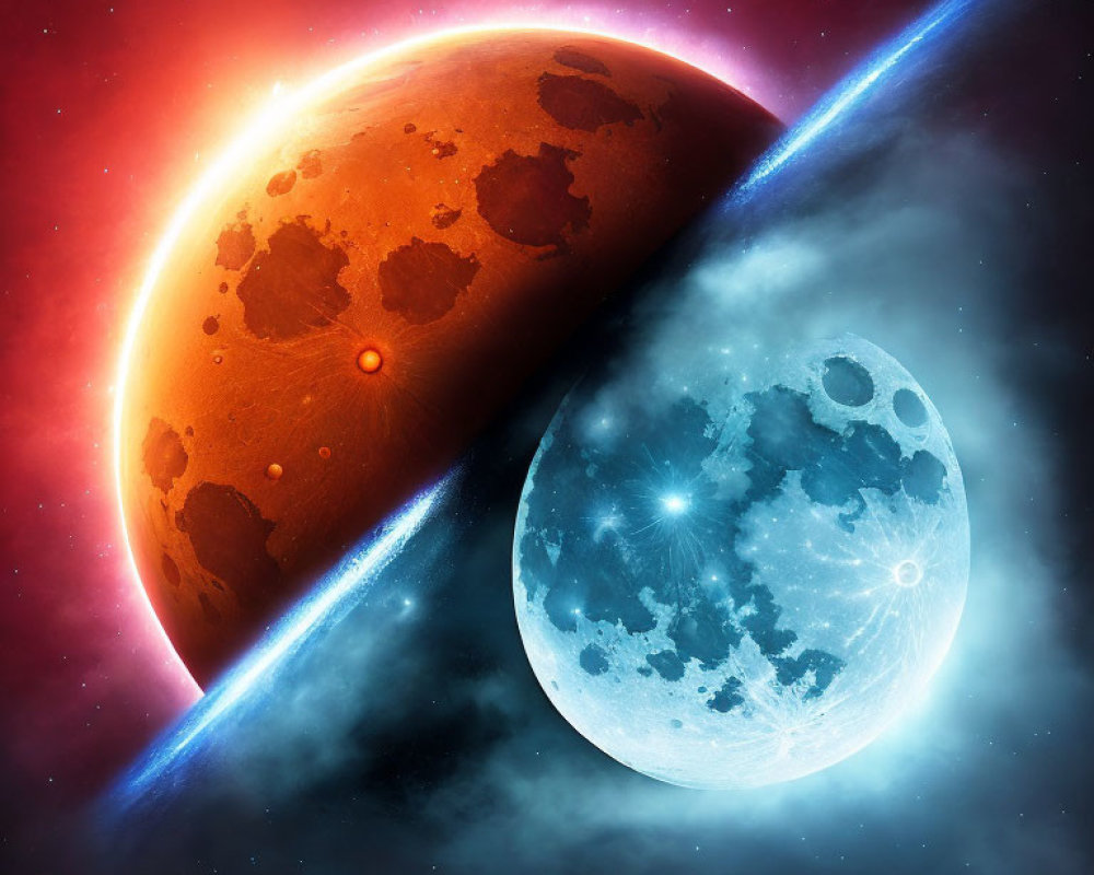 Fiery red planet and cratered moon in cosmic space scene