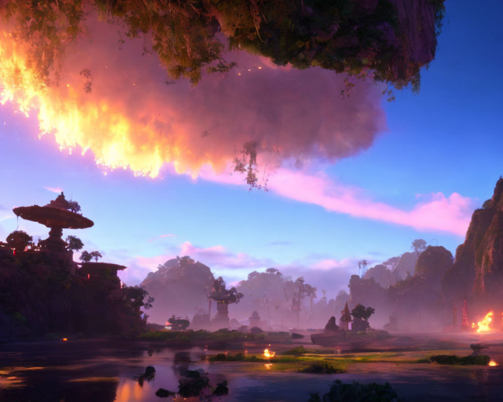 Fantastical landscape with floating islands, purple sky, fiery clouds, serene water, and ethereal