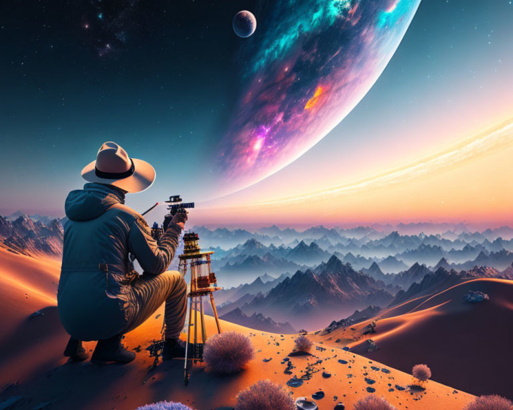 Person in hat gazes at surreal starry sky with vibrant planets and cosmic nebula.