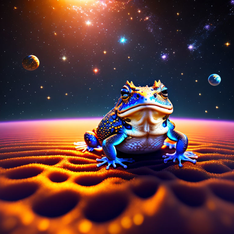 Colorful Textured Frog on Rippled Surface in Vivid Cosmic Background