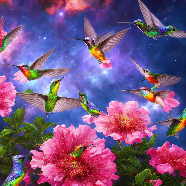 Colorful hummingbirds with pink flowers in cosmic sky