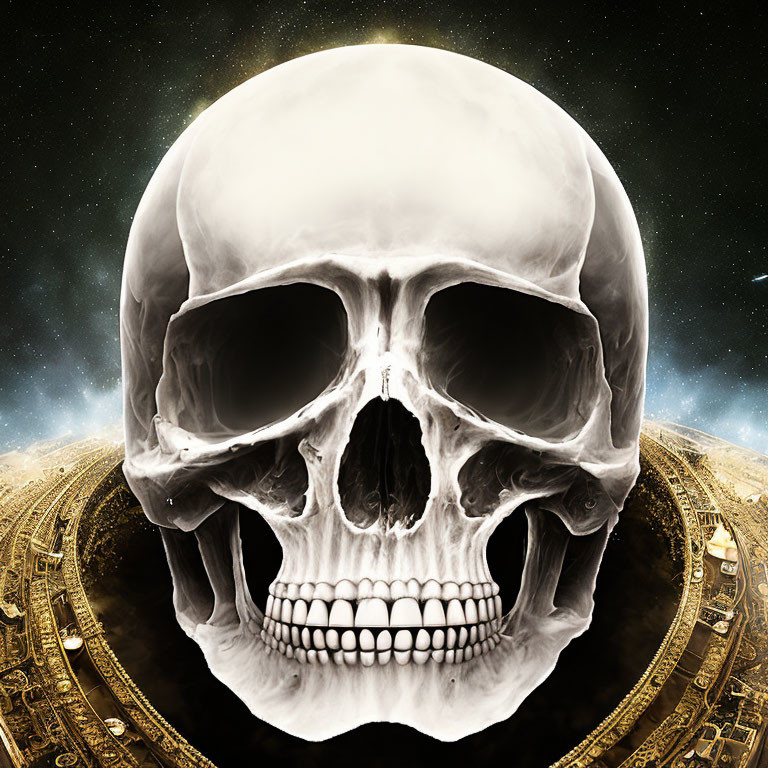 Digitally enhanced human skull on cosmic background with nebulous clouds.