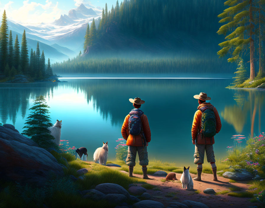 People, dogs, lake, pine trees, and mountains at sunrise or sunset