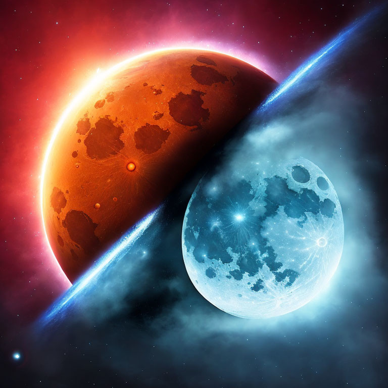 Fiery red planet and cratered moon in cosmic space scene