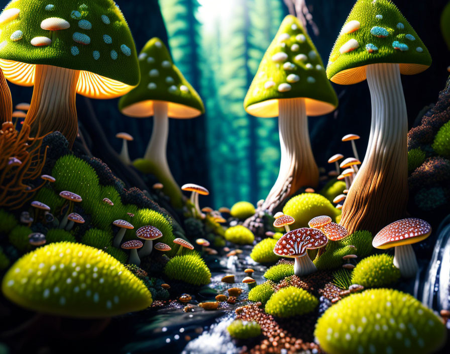 Colorful digital art: Whimsical forest floor with stylized mushrooms and moss-covered ground